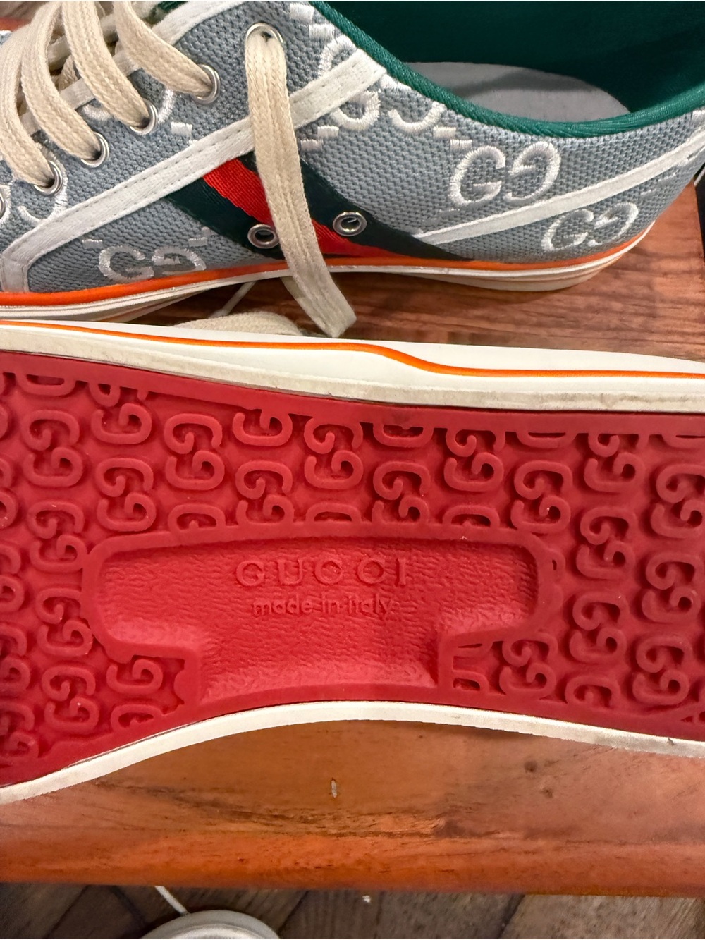 Gucci Mans tennis 1977 Gray GG Canvas Sneakers with Green Lining and Orange Trim - Picture 8 of 8